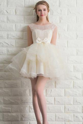 Scoop Neck Lace Tulle Bowknot Organza Lace up Short Prom Dress Homecoming Dresses WK941