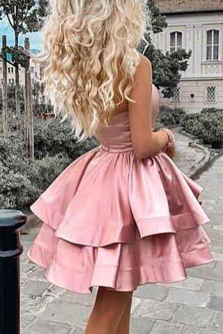 Satin A Line One Shoulder Pink Short Homecoming Dresses with Above Knee H1216