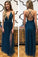Sexy A Line Spaghetti Straps Blue Tulle Prom Dress with Split Criss Cross Evening Dresses WK910