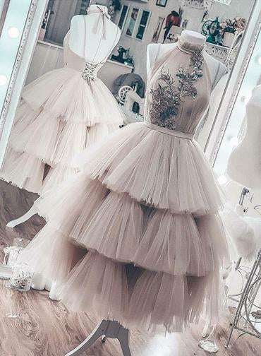 Unique Short Layered Tulle High Neck Backless Short Prom Dress Homecoming Dresses WK938