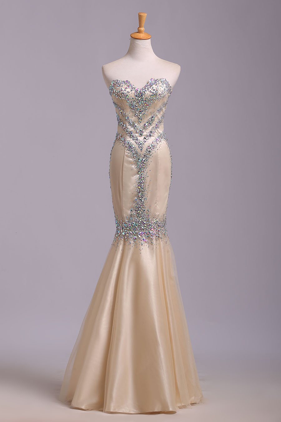 Mermaid Rhinestone Sweetheart Tulle Sleeveless Floor Length Prom Dresses Evening Dress WK179