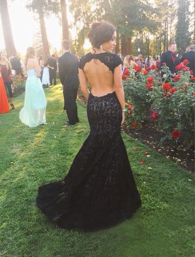 New Style High Neck Backless Lace Black Open Back Mermaid Cap Sleeve Evening Dresses WK05