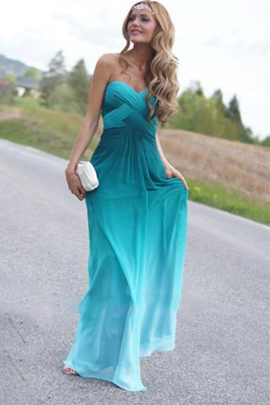 Green A-line Long Real Beauty Peacock Green Strapless Gradient Ombre Chiffon Prom Dresses WK339