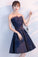 Navy Blue Beads Appliques Strapless A-Line Lace up Homecoming Dress Graduation Dress WK573