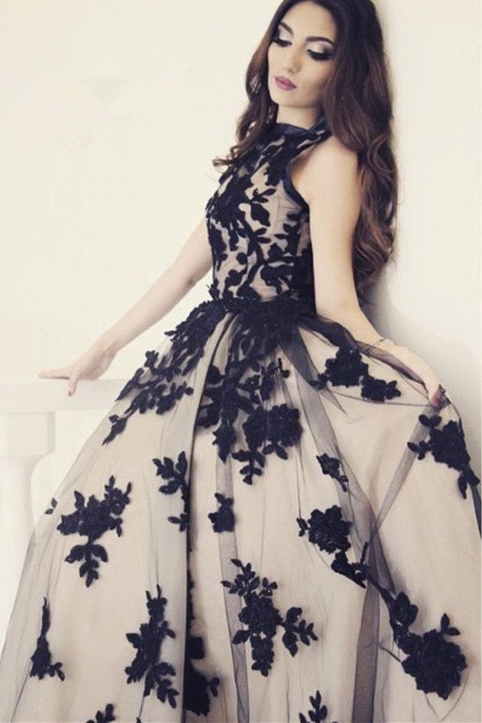 New Arrival A-Line Round Neck Black Lace Long Prom Dress 9052