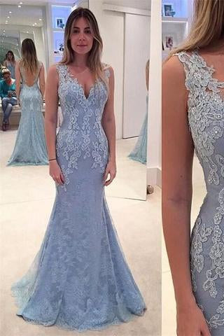 Sexy Deep V-neck Lace Appliques Open Back Backless Custom Made Long Prom Dresses WK745