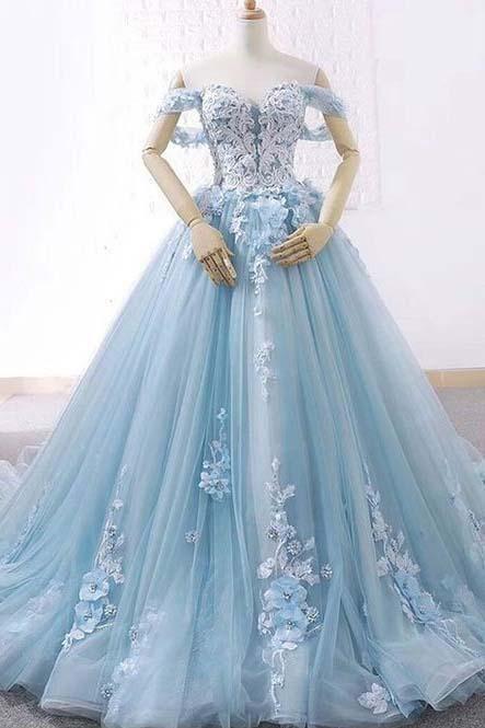 Princess Light Blue Sweetheart Tulle Appliques Off the Shoulder Ball Gown Prom Dresses WK126