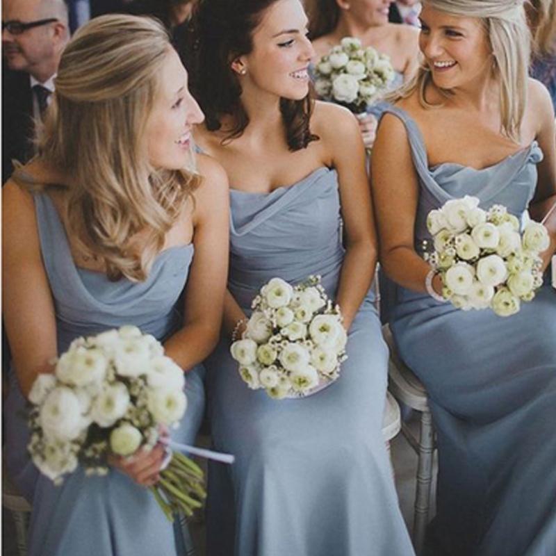 One Shoulder Dusty Blue Long A-line Sleeveless Chiffon Cheap Popular Bridesmaid Dresses WK518