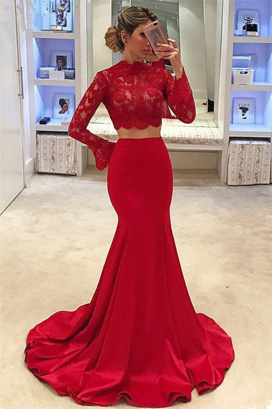Two-Piece High Neck Long Sleeves Satin With Applique Mermaid Prom Dresses