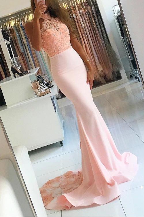 Pink Long Sexy Backless Mermaid Satin Sleeveless Lace High Neck Beads Prom Dresses WK393