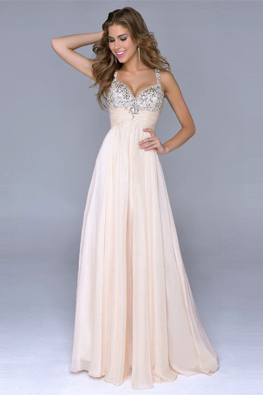 Pale Pink Unique A Line with Spaghetti Straps Open Back Backless Chiffon Prom Dresses WK29
