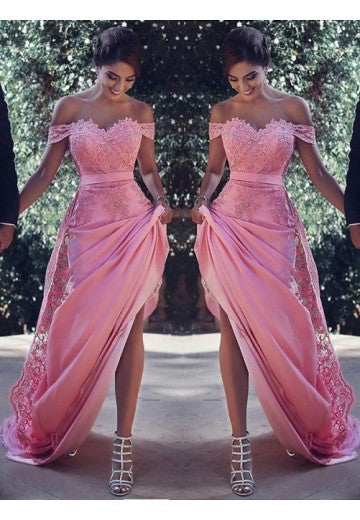 Pink Sheath Off-the-Shoulder Sweep Train Prom Dress with Lace Sash Ruffles WK779