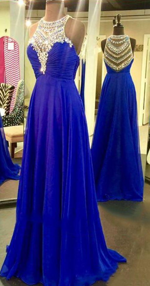 Royal Blue Sparkle Beads Halter Pretty Illusion High Neck Chiffon Prom Dresses WK405