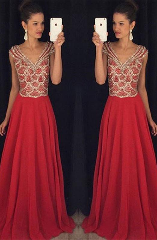 Red V-neck Beading Bodice Long Chiffon Prom Dresses Evening Dresses