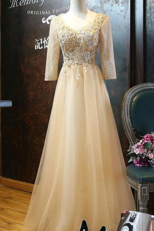 Scoop 3/4 Length Sleeves A Line Tulle With Applique Prom Dresses