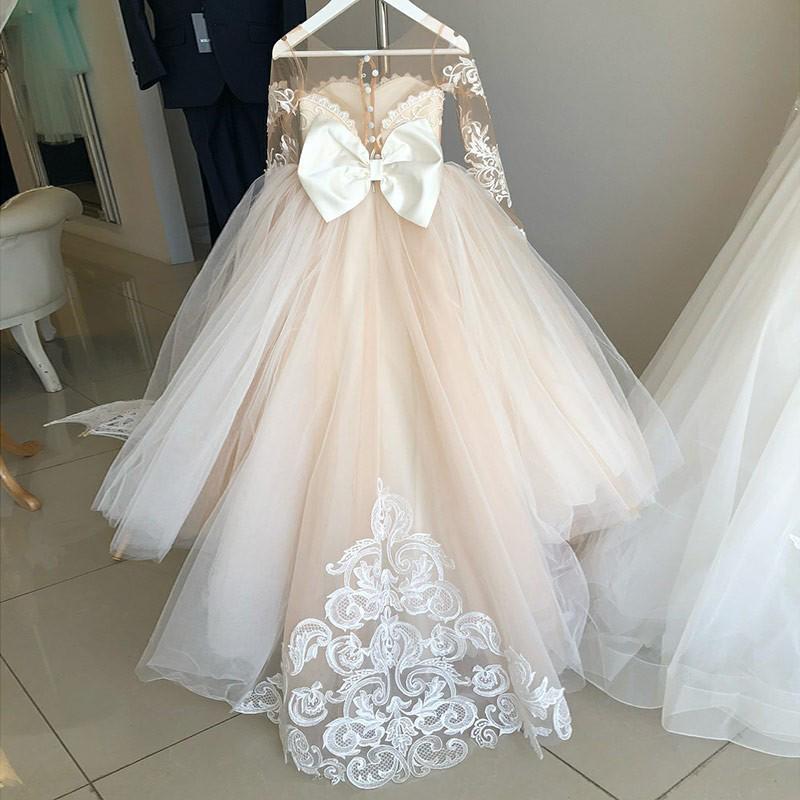 Princess A-Line Round Neck Tulle Long Sleeves Bowknot Flower Girl Dress with Appliques WK797