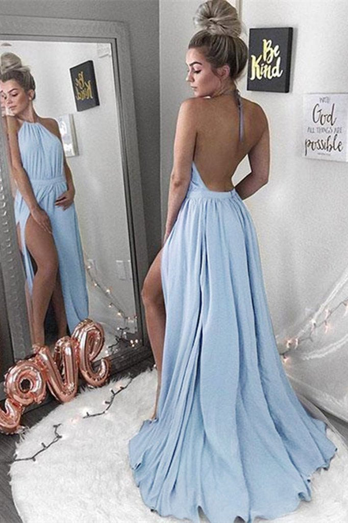 Sexy A-Line Halter Neck Backless Sleeveless Blue with Slit Chiffon Prom Dresses WK410