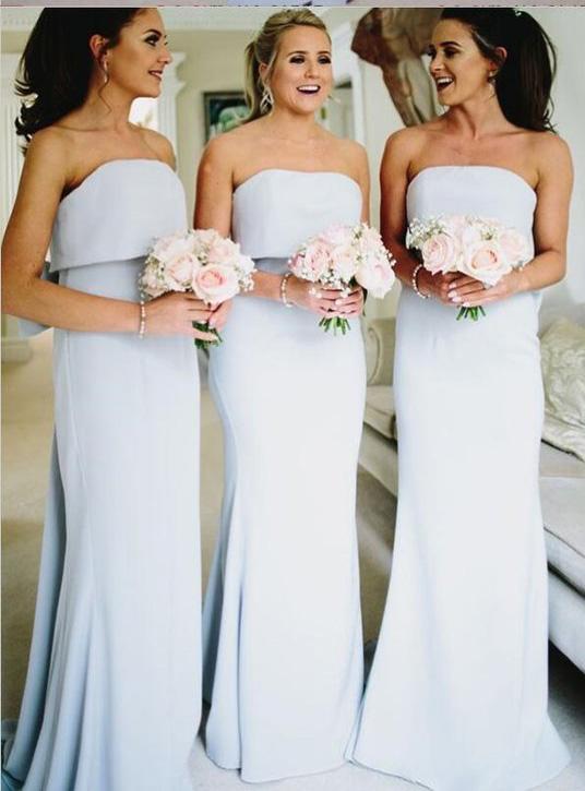 Modest Mermaid Strapless Long Light Sky Blue Bridesmaid Dresses with Bow WK834