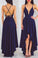 Sexy A-line Deep V-neck High Low Dark Navy Blue Chiffon Prom Dress Evening Dress