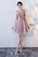 Princess Pink A Line V Neck Flowers Tulle Lace up Short Mini Homecoming Dresses WK877