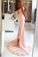 Pink Long Sexy Backless Mermaid Satin Sleeveless Lace High Neck Beads Prom Dresses WK393