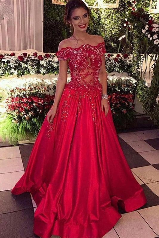 Off the Shoulder Beads Sequins Stretch Satin Cheap Long Red A-line Prom Dresses WK302