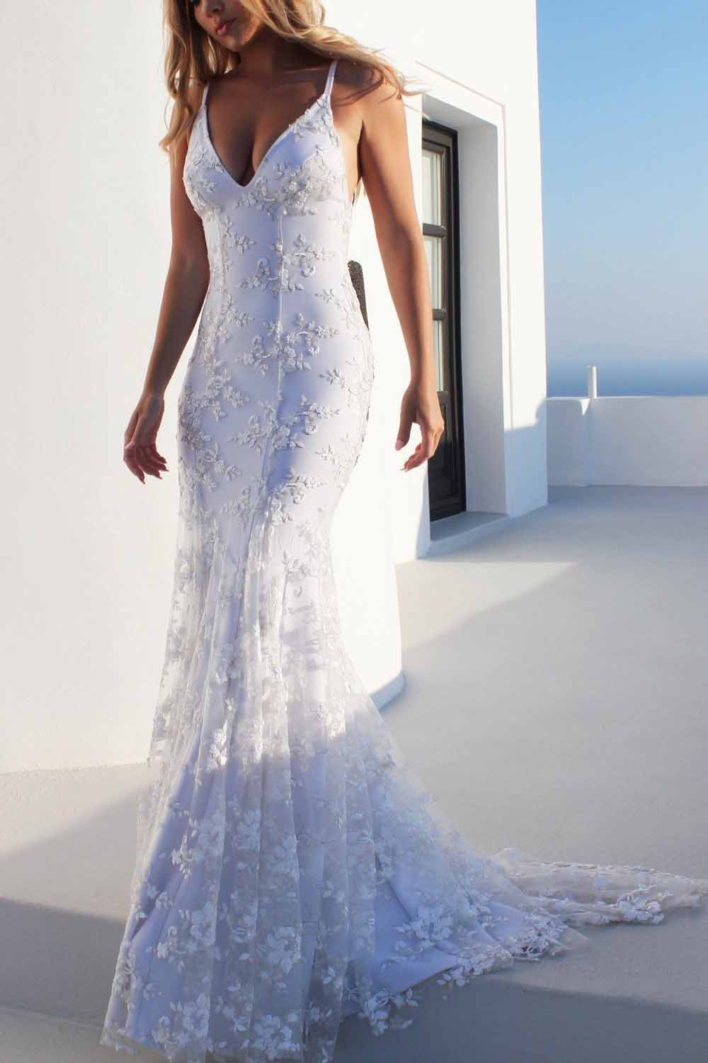 Sexy Backless Off White Mermaid Lace V Neck Wedding Dresses Long Prom Dresses WK354