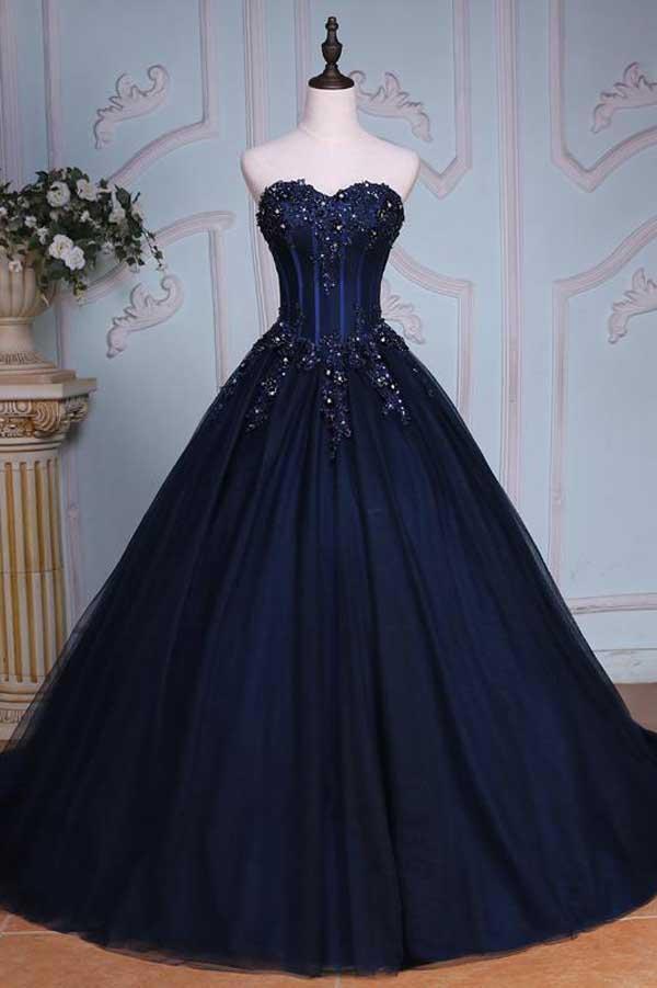 Princess Ball Gown Sweetheart Navy Blue Beads Ruffles Long Tulle Prom Dresses with Lace up WK236