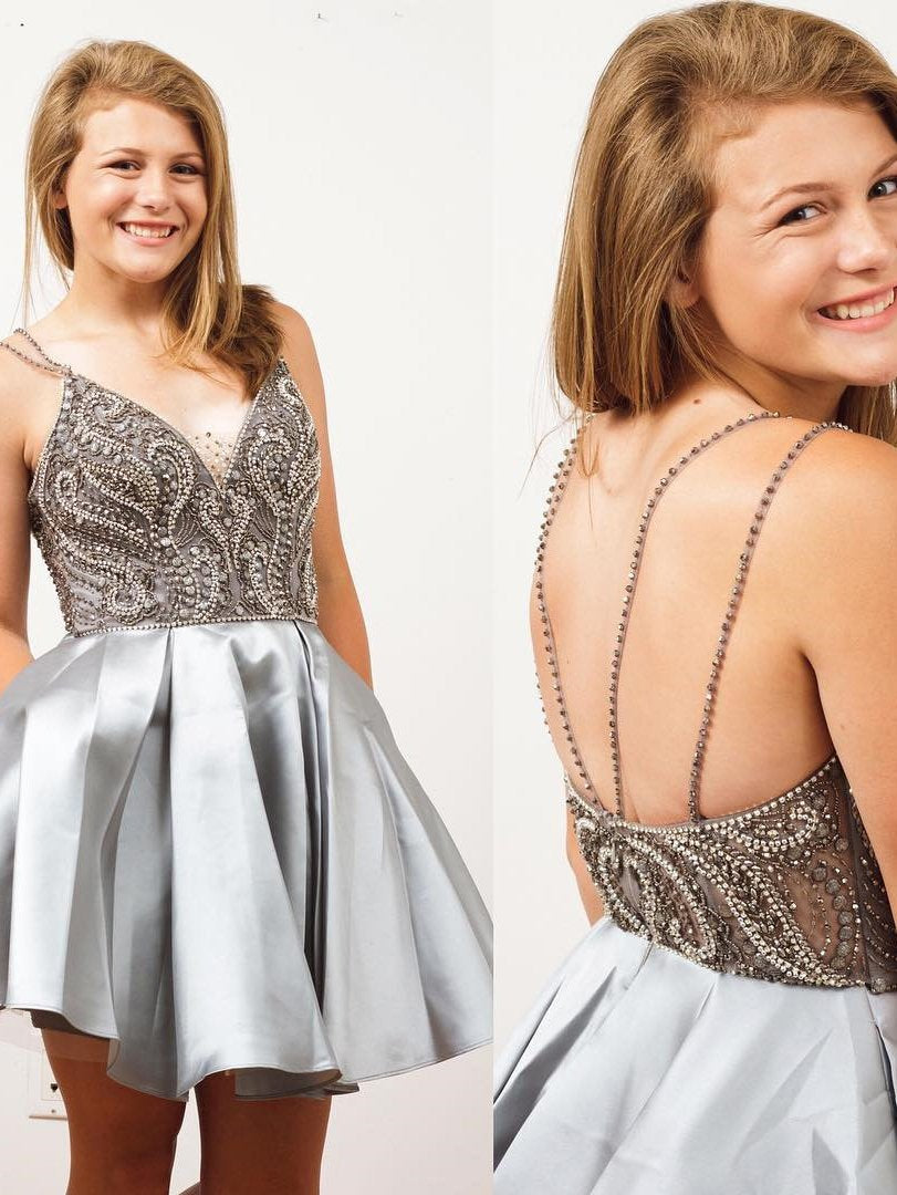 Straps Short Silver Beads Backless V-Neck A-Line Tulle Homecoming Dresses WK167