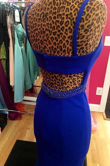 Royal Blue Scoop Mermaid Sleeveless Backless Beads Spandex Prom Dresses WK618