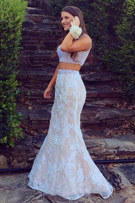 Mermaid Lace Sweep Train Pearl Pink Scoop Beads Two Piece New Style Prom Dresses WK300