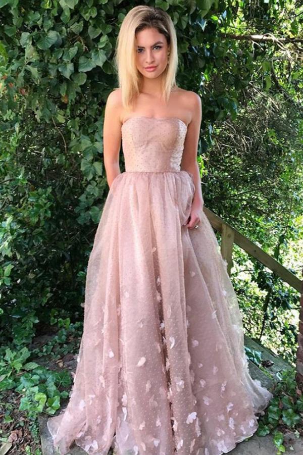 Princess A-Line Strapless Pink Lace Sleeveless Tulle Appliques Pockets Prom Dresses WK822