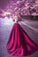 Romantic A-Line Jewel Rose Red Satin Round Neck Prom Dresses with Lace Appliques WK458