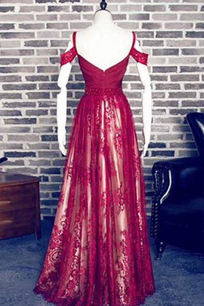 Red A-Line Sweetheart Burgundy Lace Long Off Shoulder Open Back Prom Dresses WK518