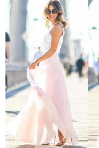 Modest Chiffon Long Blush Pink White Lace A-Line High Neck Floor-Length Prom Dresses WK192