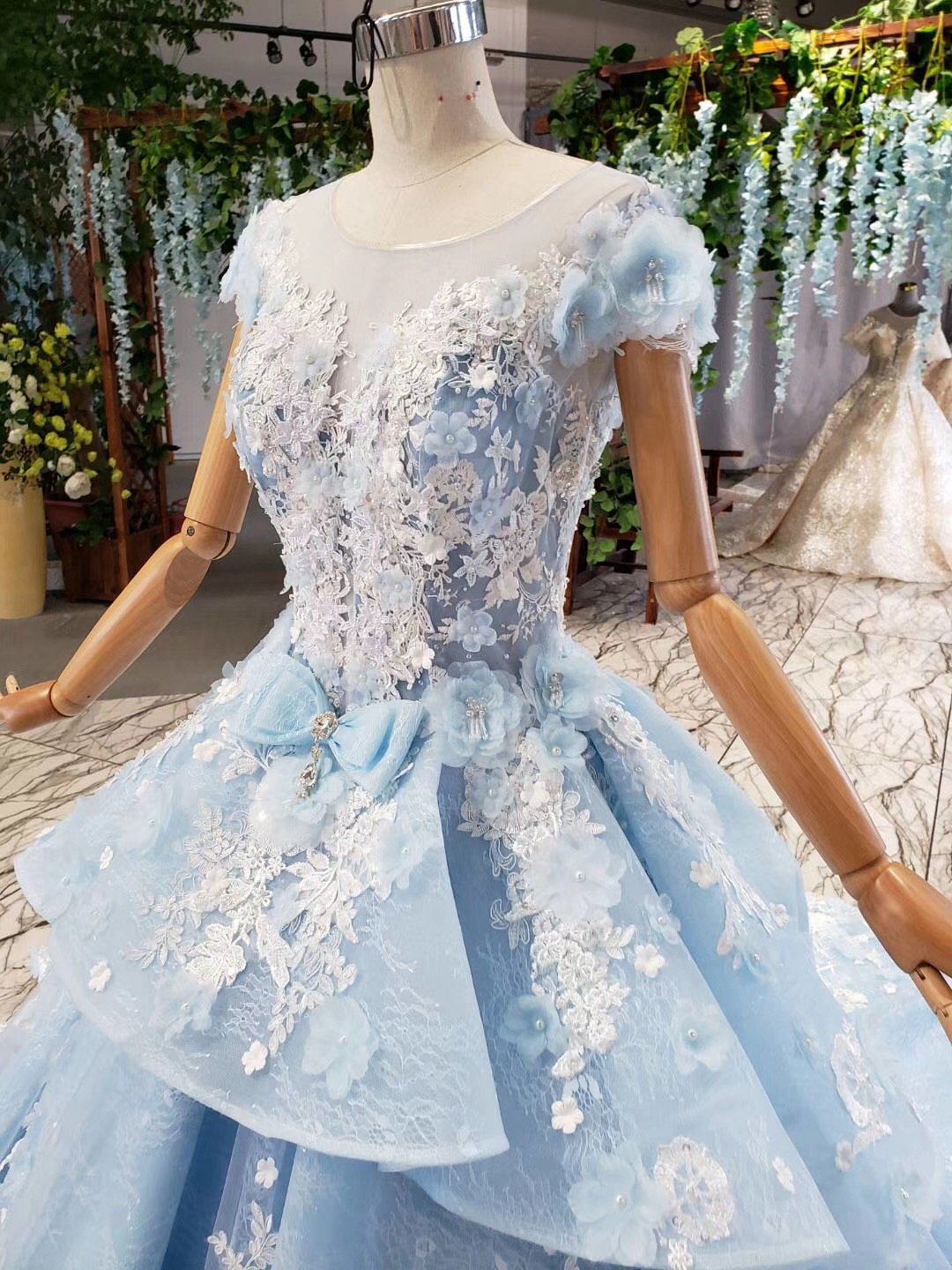 Princess Light Blue Ball Gown Cap Sleeve Prom Dresses with 3D Flowers Quinceanera Dress P1133