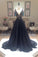 New Arrival Deep V-Neck Lace Chiffon Elegant A-line Black Long Open Back Prom Dresses WK822