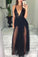 Sexy Black Spaghetti Straps Deep V Neck High Slit Tulle with Beads Prom Dresses WK43