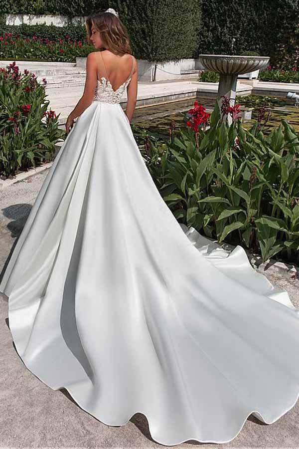 Satin Neckline A-line Open Back Lace Wedding Dress With Pockets Lace Appliques WK497