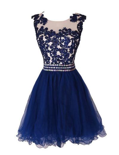 Navy Blue Lace Short Prom Dress With Waist Beads Royal Blue Mini Length Homecoming Dress WK891