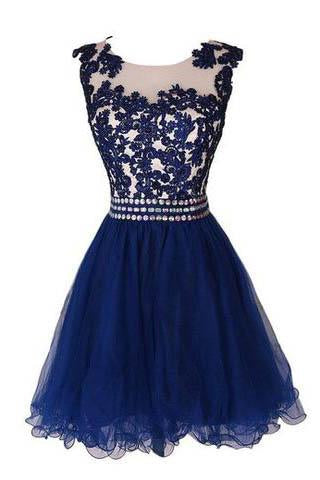 Navy Blue Lace Short Prom Dress With Waist Beads Royal Blue Mini Length Homecoming Dress WK891