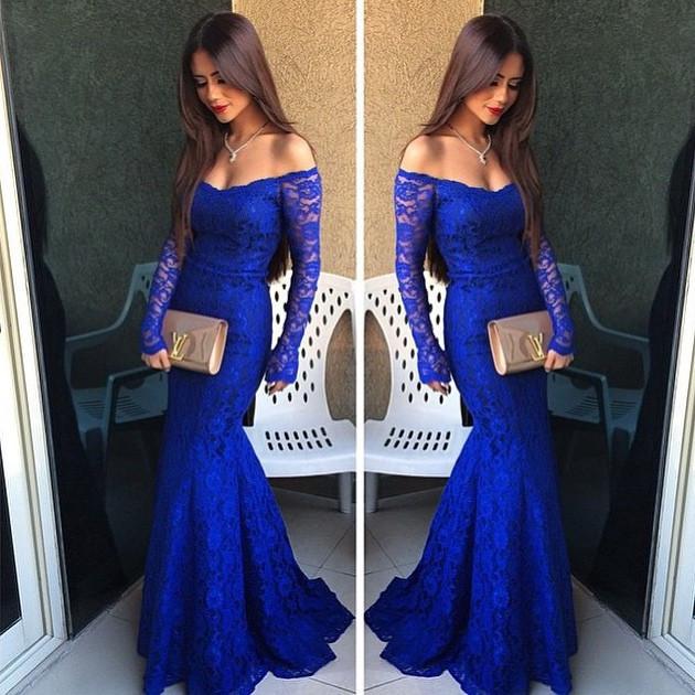 Royal Blue Lace Long Sleeves Sexy Prom Dresses for Teens WK389