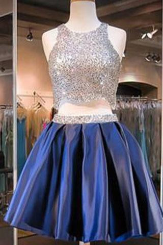 Navy Blue Two Piece Beading Short Prom Gown Sweet 16 Dress Bling Homecoming Dress WK877