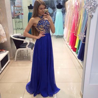 Pretty Royal Blue High Neck A-Line Sleeveless Floor-Length Modest Chiffon Prom Dresses WK833