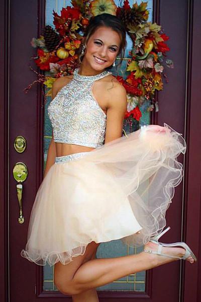 Sparkle Two Pieces Halter Open Back Pink Sleeveless Beads Tulle Homecoming Dress WK952