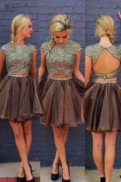 Stylish 2 Piece Jewel Cap Sleeves Short Chocolate Homecoming Dress with Beading Open Back WK397