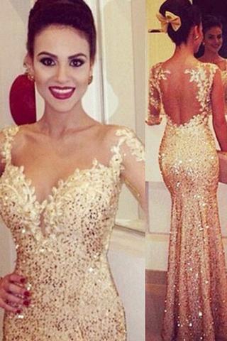 Mermaid Sweetheart Long Sleeves Gold Backless Evening Dresses with Appliques WK42