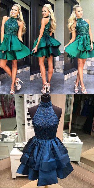 Pretty A-line High Neck Above-knee Beaded Dark Blue Backless Short Homecoming Dresses WK165