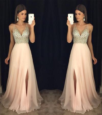 Modest sparkly crystal beaded v-neck open back long chiffon pageant slit Prom Dresses WK846
