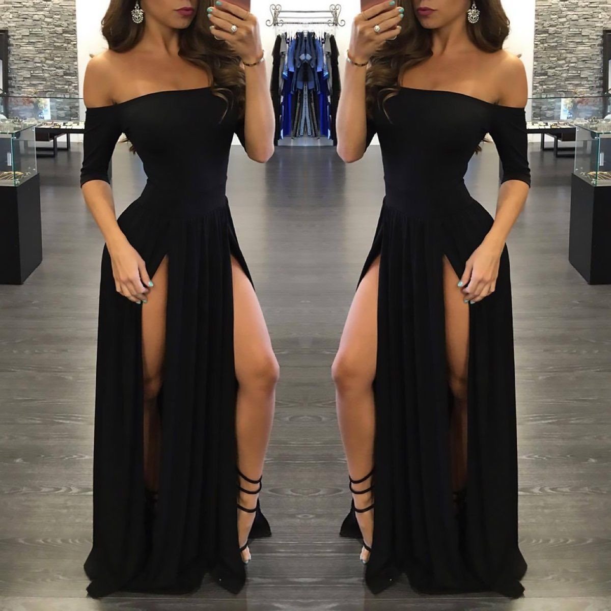 Sexy Black Long Off-the-Shoulder A-Line Half Sleeve Scoop Sexy Slit Prom Dresses WK790